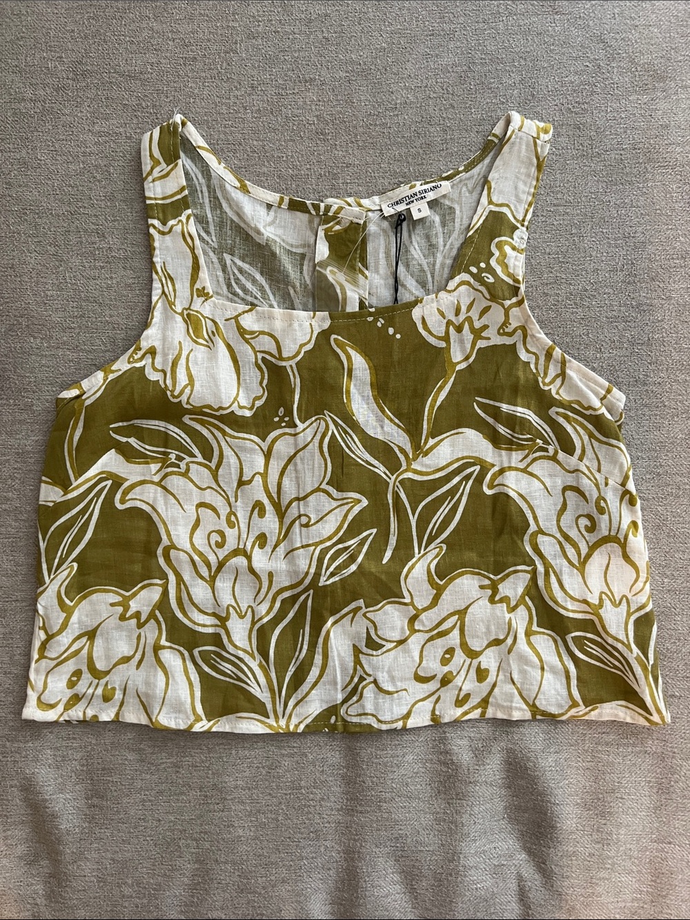 Christian Siriano Olive & White Floral Linen-Blend Tank